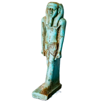 Amulette en faïence représentant la déesse « Nefertoum » avec hiéroglyphes sur la colonne dorsale