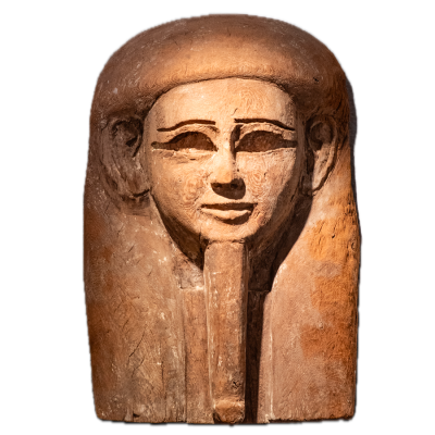 Haut de sarcophage anthropomorphe sculpté d’un visage coiffé de la perruque tripartite en bois avec reste de stuc