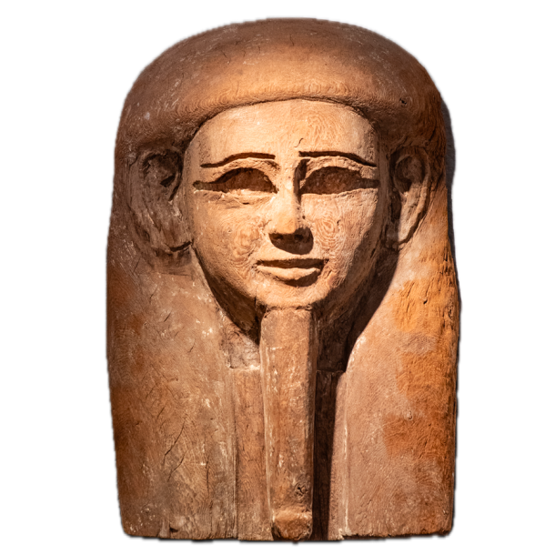 Haut de sarcophage anthropomorphe sculpté d’un visage coiffé de la perruque tripartite en bois avec reste de stuc
